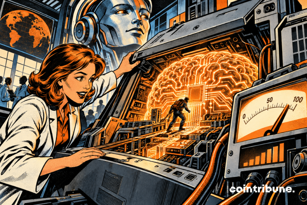 A retrofuturistic illustration of a researcher observing a glowing digital brain at the heart of a computer system.