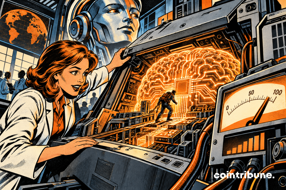 Illustration rétrofuturiste d’une chercheuse observant un cerveau numérique lumineux au cœur d’un système informatique.