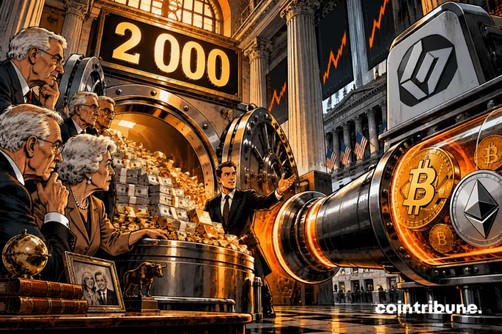 In a vast wealth management hall, several senior investors stand around a monumental vault overflowing with capital. Above the vault, a gigantic dial displays only 2000. Facing them, a powerful dark-gray financial machine inspired by the institutional universe of Grayscale deploys a massive conduit toward the vault. Inside the machine, large Bitcoin and Ethereum coins appear. The conduit is still a few centimeters away from the vault: no massive transfer has begun.