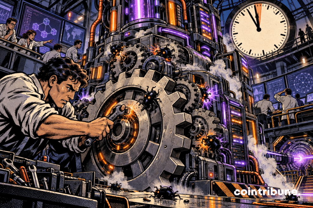 Des développeurs crypto réparent une machine blockchain bloquée par des bugs sous une horloge proche de l’échéance.