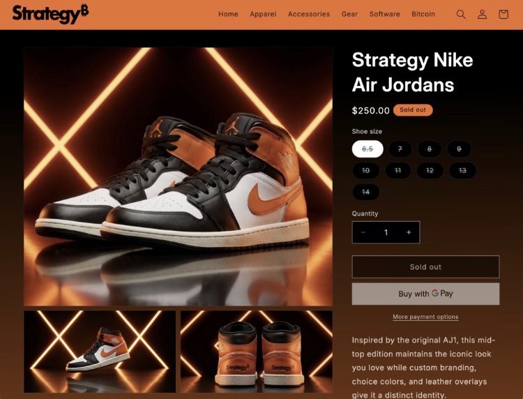 Strategy’s online shop offers a custom Air Jordan 1 with a "BTC theme" sold for 250 dollars. Nice, isn’t it? Except the payment page only accepts regular credit cards as well as Apple Pay. There’s no option to pay in bitcoin.