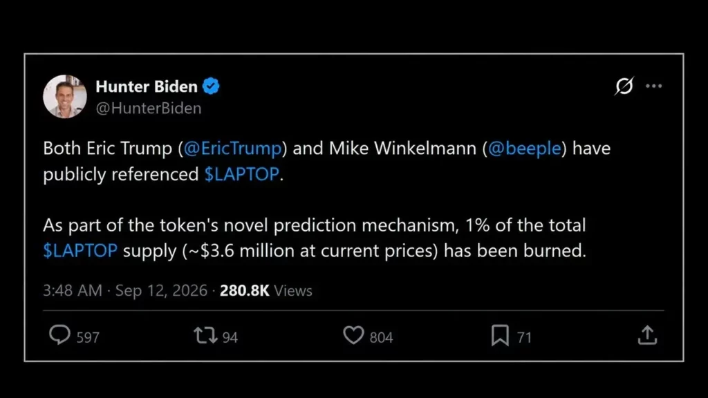 Hunter Biden a confirmé les deux événements, et le compte du projet a annoncé le retrait d'1% de l'offre totale de la circulation, soit 10 millions de tokens, environ 3,56 millions de dollars au prix actuel. Ni Beeple ni Eric Trump n'ont acheté le memecoin LAPTOP, ne l'ont soutenu, ni commenté son fonctionnement économique. Ils l'ont simplement nommé, et la supply a bougé toute seule.