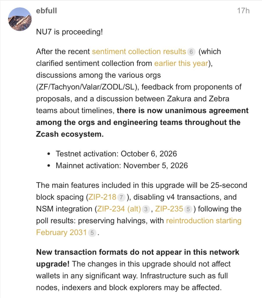 November 5, 2026, is a date to remember. That is the date Zcash aims to activate NU7, its seventh major update of its crypto network. The goal is summed up in one sentence: to divide the time between two blocks by three, reducing it from 75 to 25 seconds.
