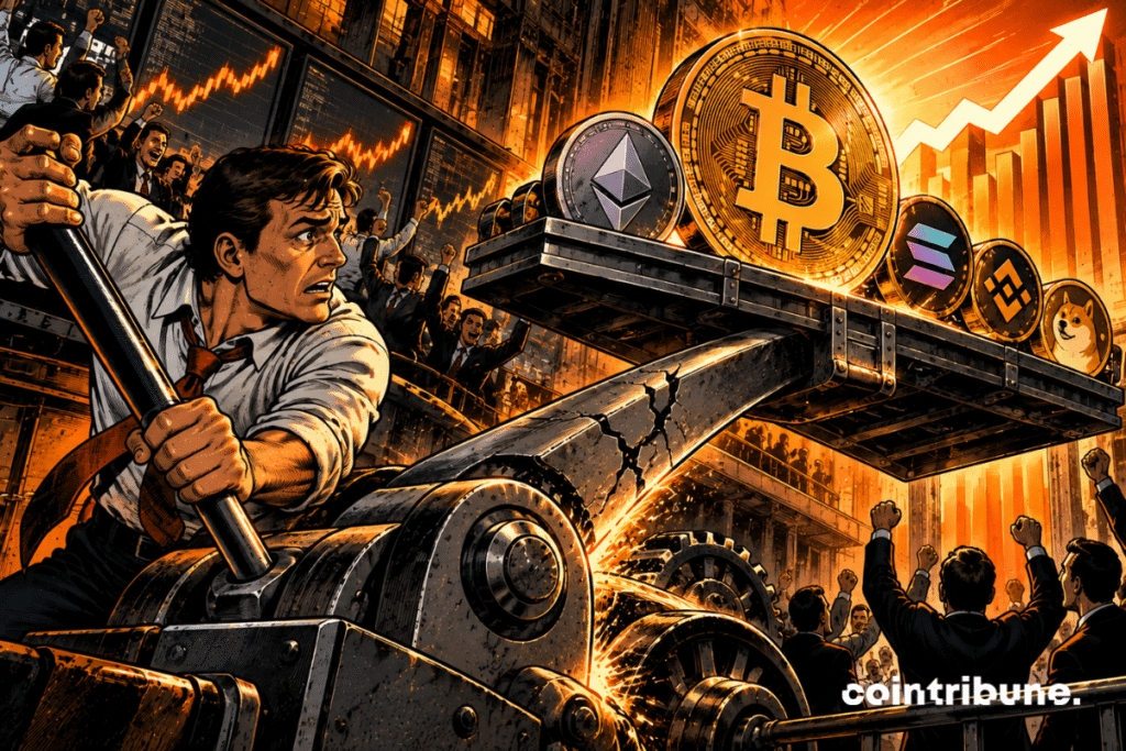 Dans une immense salle financière industrielle, un énorme levier mécanique soulève une plateforme chargée de Bitcoin, Ethereum et plusieurs jetons crypto. La plateforme continue de monter vers une lumière orange, représentant le rallye. Mais le levier est désormais soumis à une pression énorme : son métal commence à se courber et se fissurer. Au premier plan, un trader euphorique devient soudain inquiet lorsqu’il remarque la fissure juste sous sa main.