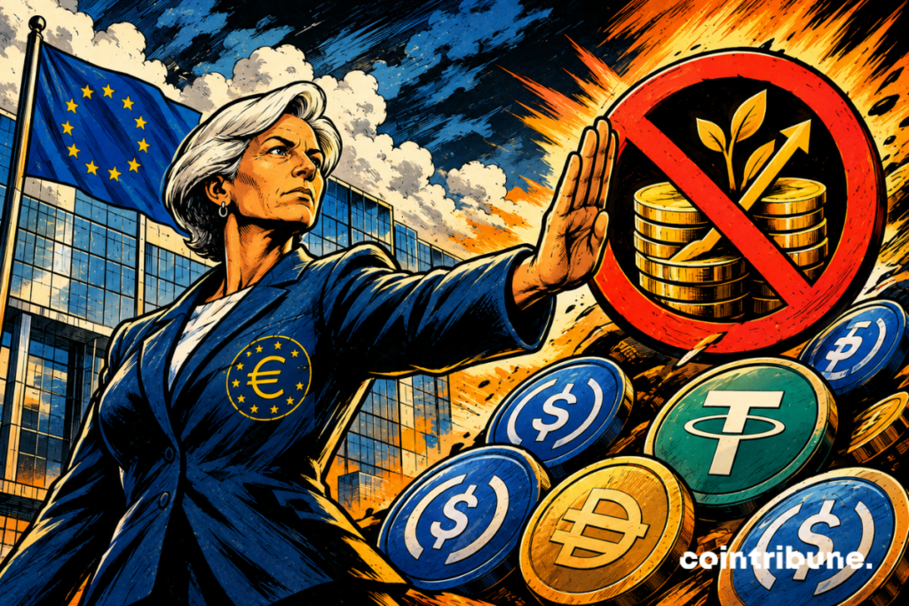Illustration de la BCE devant les institutions européennes, symbolisant l’interdiction des rendements sur les stablecoins dans le cadre de MiCA.