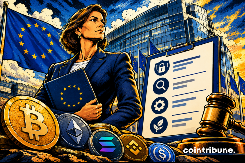 MiCA et l’ESMA au cœur de la supervision européenne des cryptomonnaies, avec symboles réglementaires, Bitcoin et Ethereum.