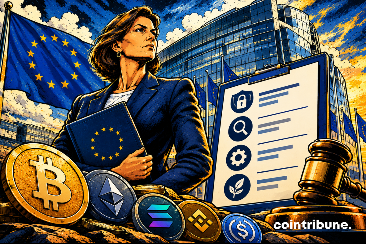 MiCA et l’ESMA au cœur de la supervision européenne des cryptomonnaies, avec symboles réglementaires, Bitcoin et Ethereum.