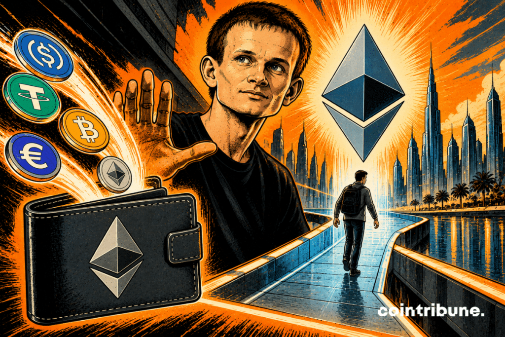 Vitalik Buterin lève une main près d’un portefeuille Ethereum, entouré de cryptomonnaies, d’un symbole Ethereum géant et de gratte-ciels futuristes.