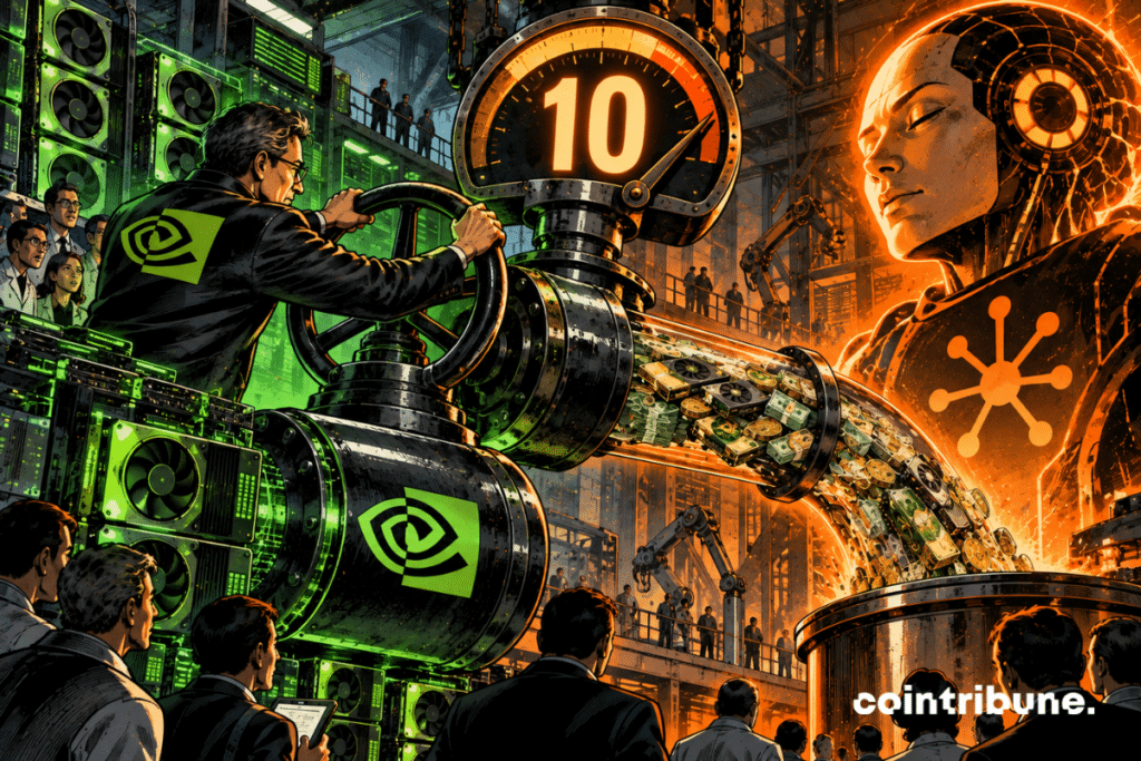 Dans une gigantesque usine de calcul IA de Nvidia, un dirigeant technologique vêtu de noir et éclairé par une lumière verte tient les commandes d’une énorme vanne industrielle reliée à une infrastructure de GPU. Derrière la vanne attend un gigantesque torrent de pièces et de puces lumineuses. La conduite se dirige vers un immense noyau d’IA orange représentant Anthropic. Un grand cadran mécanique situé au-dessus affiche uniquement 10. La vanne est capturée juste avant son ouverture complète : quelques pièces commencent seulement à passer.