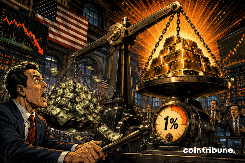 Dans une salle de marché monumentale, une gigantesque balance industrielle domine l’image. Sur un plateau, une masse de lingots d’or vient de repartir brutalement vers le haut. Sur l’autre, une pile de billets américains s’enfonce vers le bas. Un trader au premier plan s’agrippe au mécanisme de la balance avec une expression stupéfaite. Un cadran mécanique proche du plateau de l’or affiche uniquement 1 %.