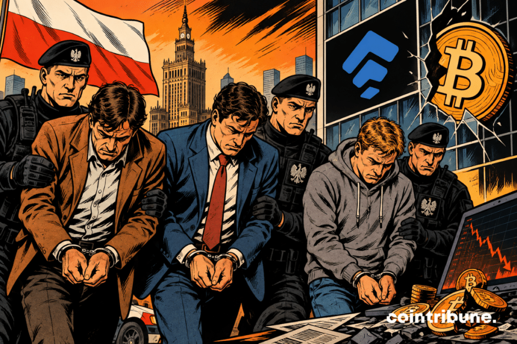 Illustration de policiers escortant trois suspects menottés dans l’affaire Zondacrypto en Pologne, avec des symboles Bitcoin en arrière-plan.