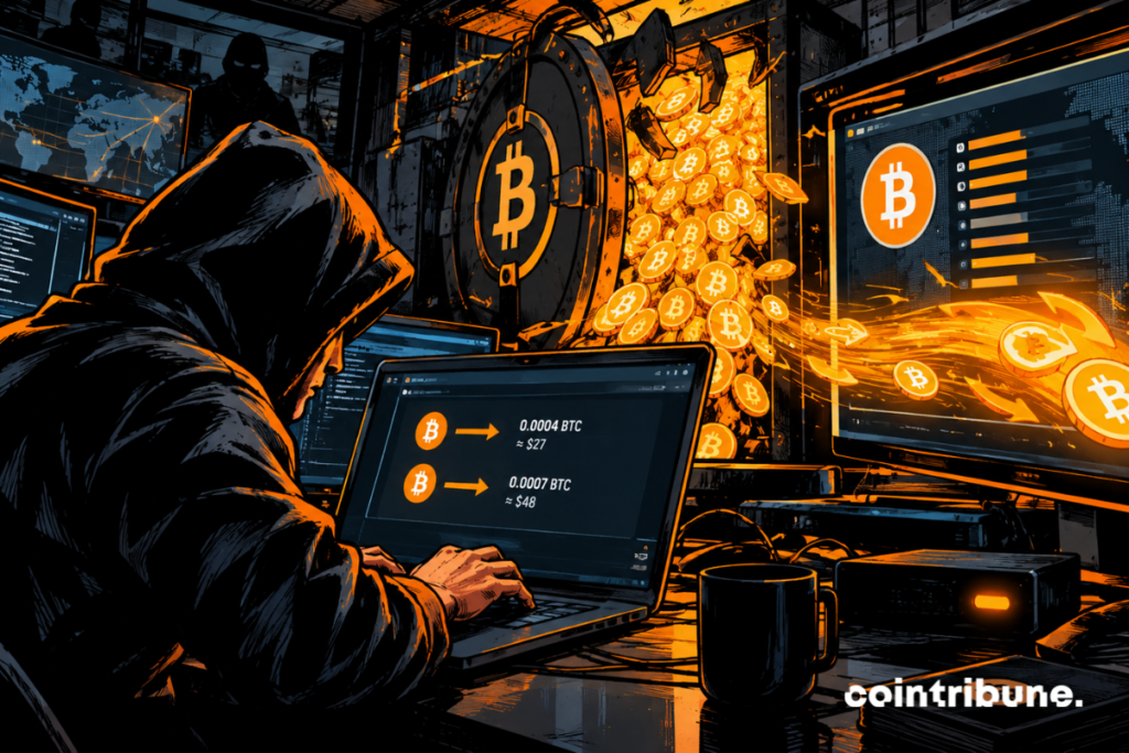 Un hacker encapuchonné observe deux petites transactions Bitcoin sur ordinateur, tandis qu’un coffre déborde de Bitcoins lumineux derrière lui.