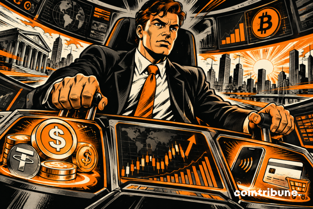 Illustration of Revolut’s crypto strategy featuring trading, stablecoins, Bitcoin and digital payments.