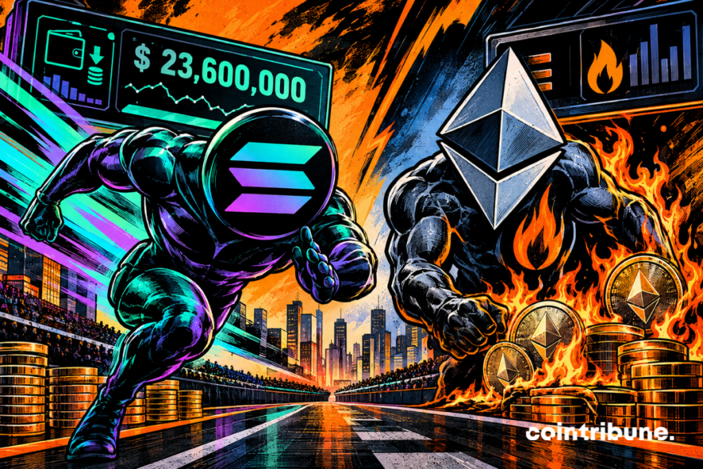 Solana et Ethereum personnifiés courent côte à côte, entourés de pièces, flammes, graphiques, immeubles et pistes lumineuses.