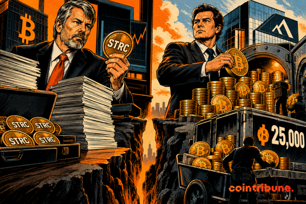 Michael Saylor tient un jeton STRC face à un dirigeant empilant des Bitcoins, séparés par une fissure, des graphiques et coffres.