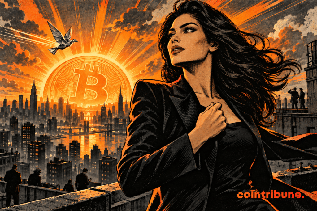 Illustration rétro d’une femme face à une ville, avec un immense symbole Bitcoin lumineux à l’horizon.