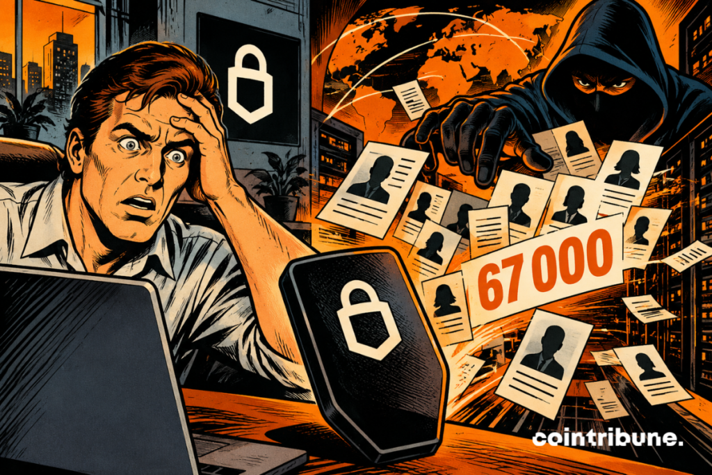 Illustration of a Trezor data breach showing 67,000 additional U.S. customers exposed and personal information scattered around a secure hardware wallet.