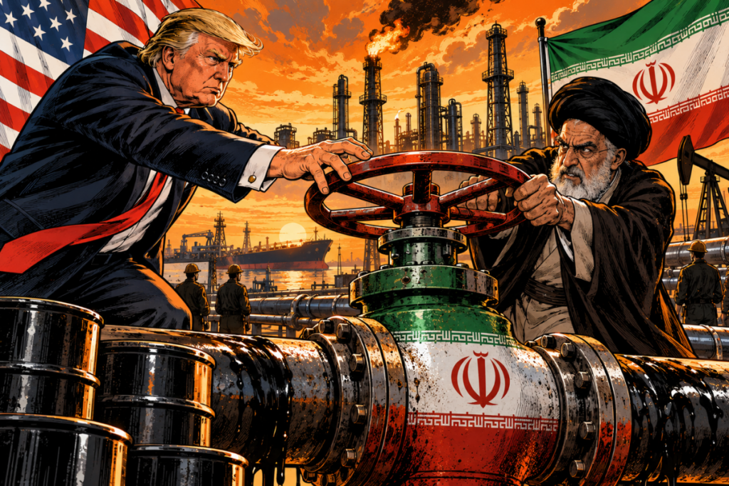 Dans un gigantesque terminal pétrolier au Moyen-Orient, Donald Trump occupe le premier plan, légèrement penché en avant, expression déterminée. Sa main est tendue vers une énorme vanne industrielle reliée à plusieurs pipelines remplis de pétrole noir. La vanne et les conduites portent visuellement les couleurs du drapeau iranien. Trump est capturé juste avant de saisir la roue : il ne la contrôle pas encore. De l’autre côté, un responsable iranien agrippe déjà la vanne avec une expression tendue, créant un face-à-face immédiat.