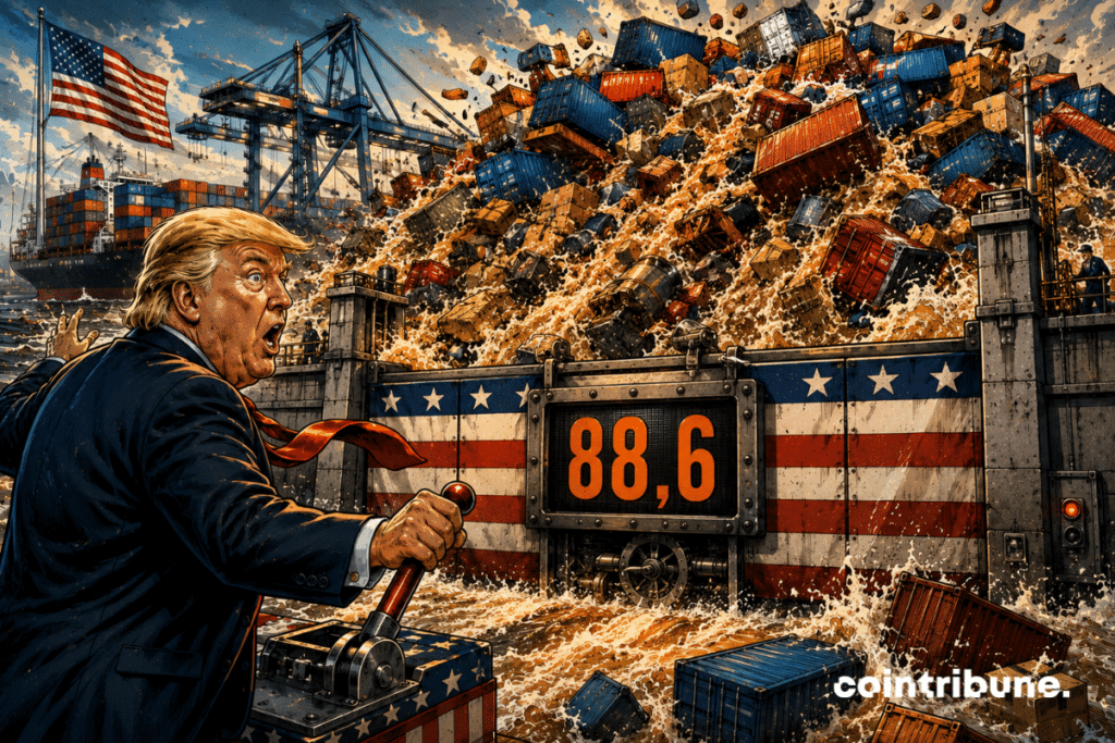 Donald Trump se tient au premier plan devant un gigantesque barrage industriel aux couleurs américaines. Il vient d’abaisser une énorme barrière censée retenir un torrent de conteneurs et de marchandises. Mais le flux devient tellement puissant qu’il déborde par-dessus la barrière. Trump se retourne vers le torrent, yeux écarquillés, une main encore sur le levier. Un gigantesque compteur mécanique affiche uniquement 88,6, ce qui symbolise le déficit commercial.