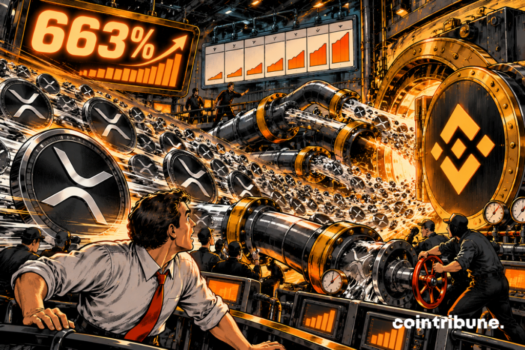 An immense black and yellow financial infrastructure occupies the right side of the image. Its armored door bears only Binance's graphic symbol, without any words. From the left arrives a spectacular wave composed of hundreds of XRP coins. They roll, bounce, and rush into several pipes converging toward the vault's entrance. Above the stream, a large mechanical counter displays simply 663%. In the foreground, a platform operator in a suit turns around with an expression of utter astonishment at the scale of the influx. A second technician attempts to open a huge valve further to absorb the flow.