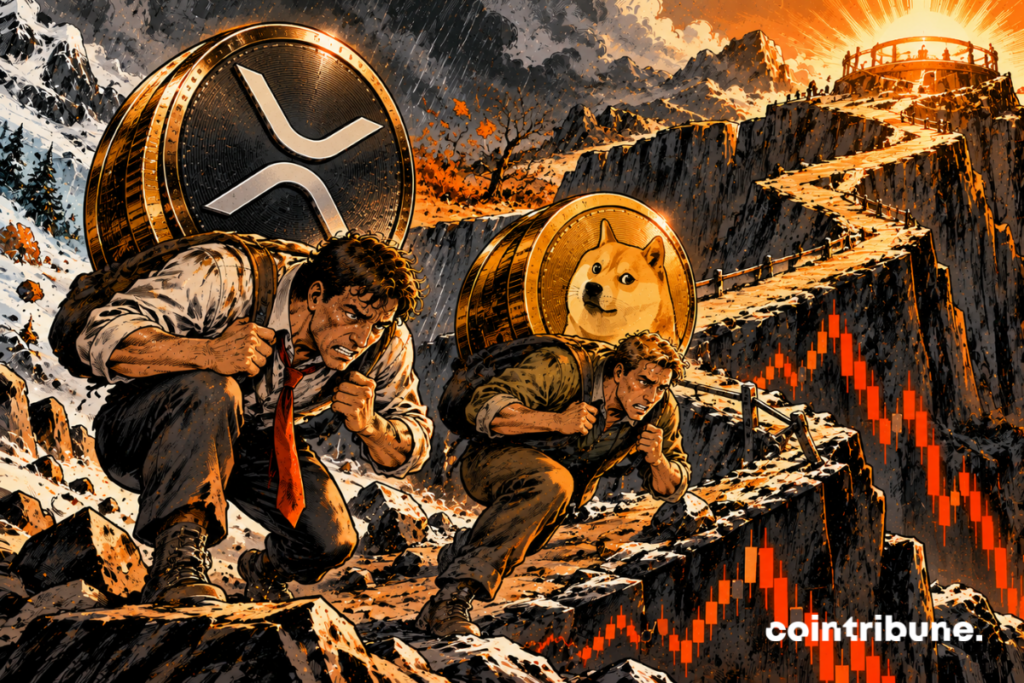 Deux investisseurs épuisés occupent environ les deux tiers du premier plan dans une immense infrastructure financière. Le premier porte sur son dos une gigantesque pièce XRP, le second une énorme pièce Dogecoin. Leurs costumes sont légèrement usés, leurs visages fatigués, mais ils continuent d’avancer. Ils gravissent une longue rampe sombre menant vers une plateforme d’équilibre baignée d’une lumière orange. Ils sont encore clairement en dessous de cette plateforme. Sous leurs pieds, le sol est composé de graphiques abstraits orientés vers le bas, sans chiffres ni lettres.