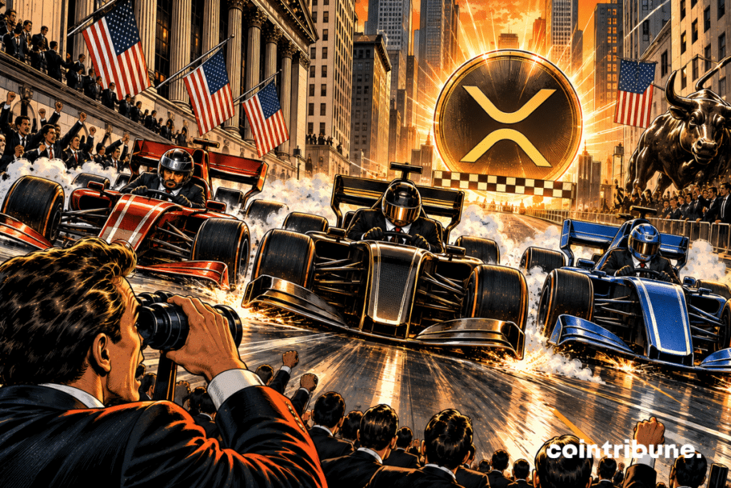 Wall Street devient une immense piste de course. Trois puissants véhicules blindés pilotés par des banquiers en costume foncent côte à côte vers un gigantesque symbole XRP lumineux. Les deux premiers véhicules sont presque parfaitement alignés, tandis qu’un troisième tente de les dépasser par l’extérieur. Au premier plan, un trader observe la bataille avec des jumelles, bouche ouverte.