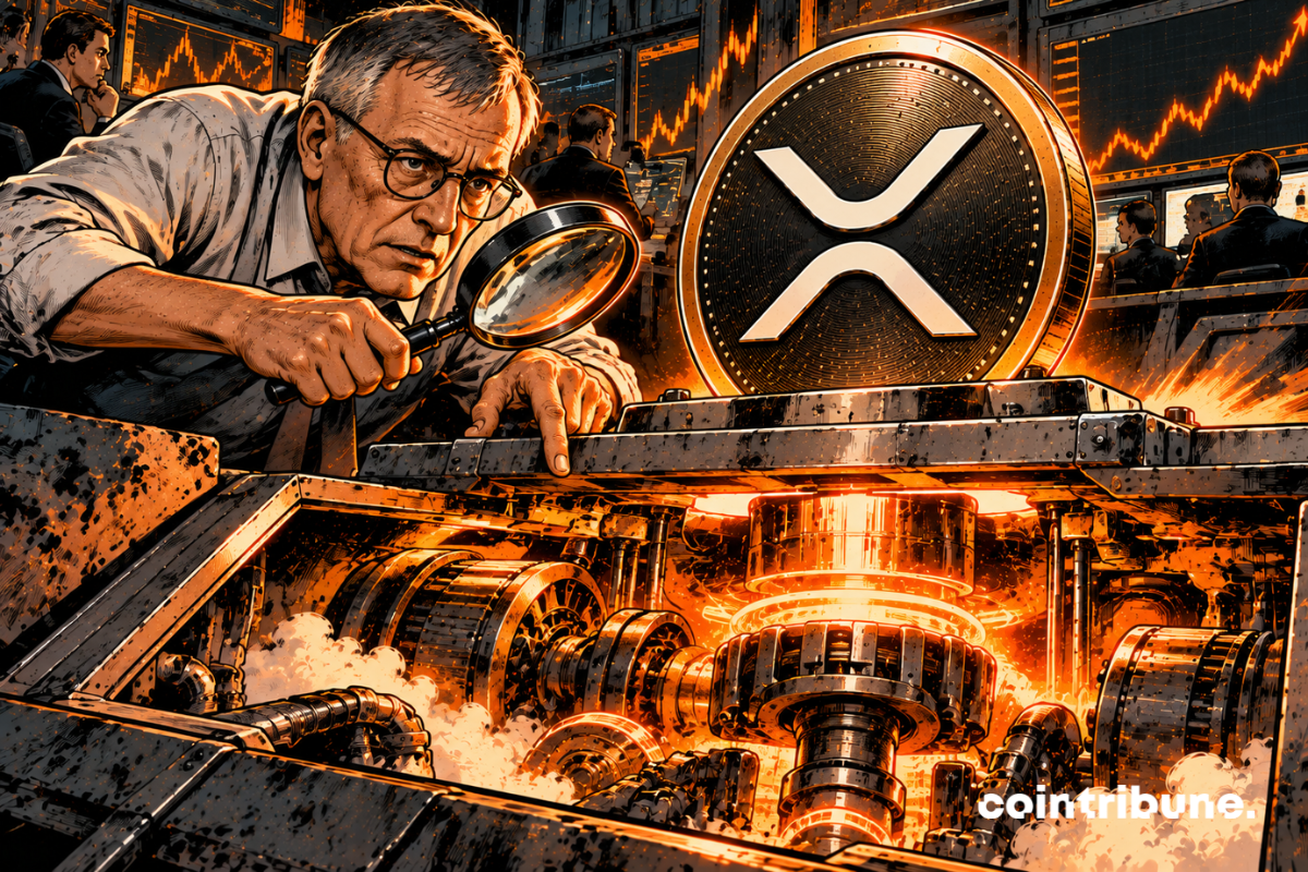 Peter Brandt is crouched in the foreground of an industrial trading floor. He examines with a magnifying glass an imposing XRP coin sitting on a metal platform. On the surface, XRP remains completely stationary. But Brandt has just opened a small hatch underneath the platform, discovering in utter amazement a gigantic orange engine—composed of turbines, pistons, and gears—that descends deep below the ground. The engine is only just starting up: a few turbines are already spinning, and a powerful orange light ascends through the cracks. Brandt points to the mechanism with an expression blending focus and conviction, while several traders behind him still see only the motionless XRP.