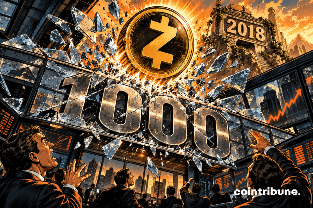A gigantic golden Zcash coin soars upward like a projectile and has just shattered through a monumental glass ceiling displaying only 1000. In the foreground, several traders look up with expressions of astonishment as glass shards fly toward the camera. Above the ceiling, an old mechanical structure bearing 2018 reappears in the light, like a long-abandoned level.
