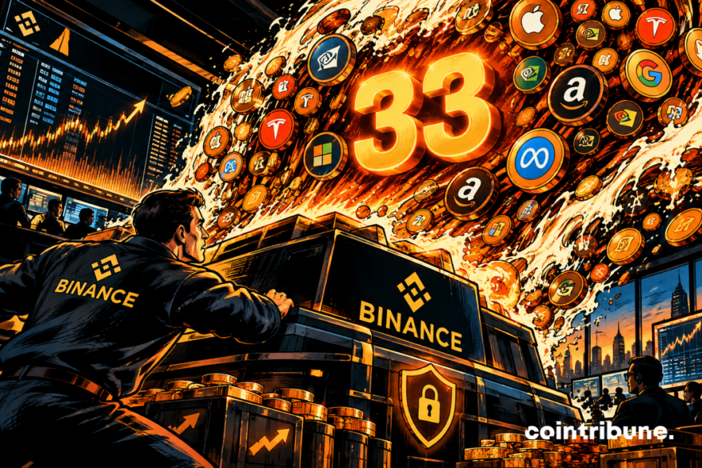 A wave of tokenized stock tokens is flooding Binance, while a trader safeguards collateral amid the dramatic surge in trading volume.