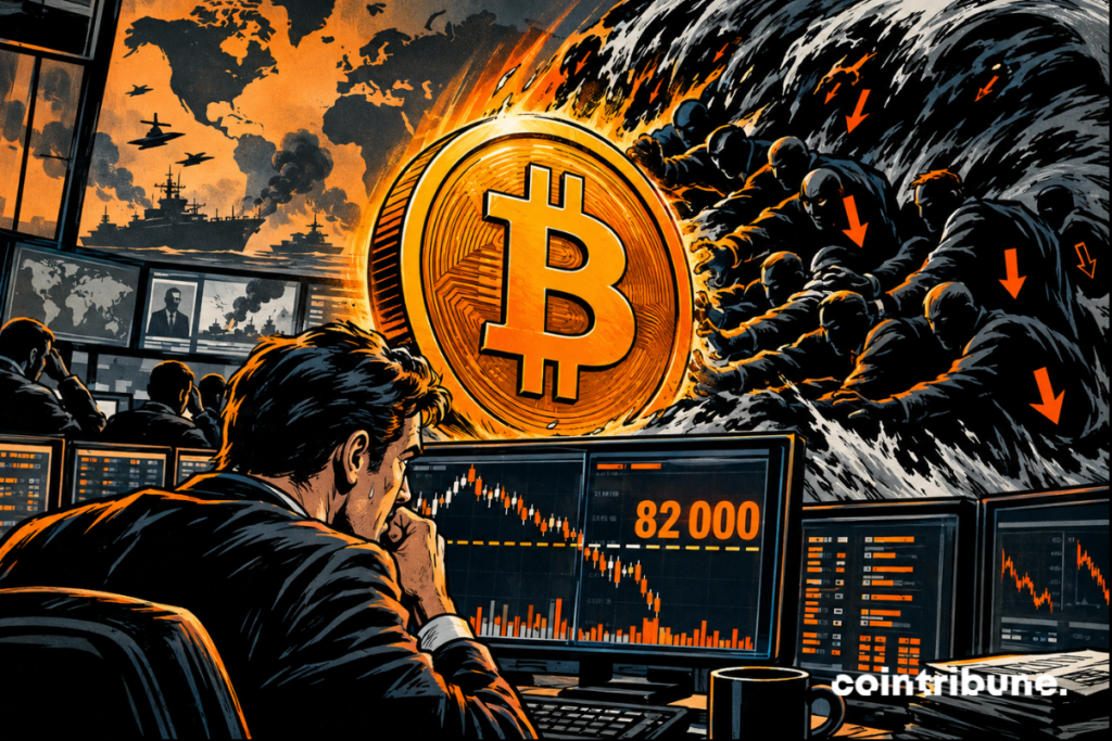 Illustration of Bitcoin facing a wave of sellers, with a declining chart and the ,000 level displayed on a trading screen.