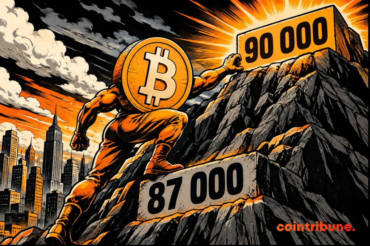 Illustration de Bitcoin gravissant une montagne vers le seuil des 90 000 dollars après avoir franchi 87 000 dollars.