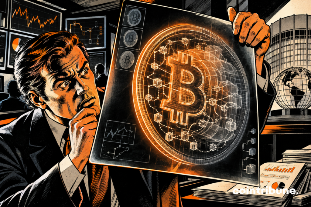 Illustration d’un analyste examinant les métriques onchain de Bitcoin sur un écran affichant des données blockchain.