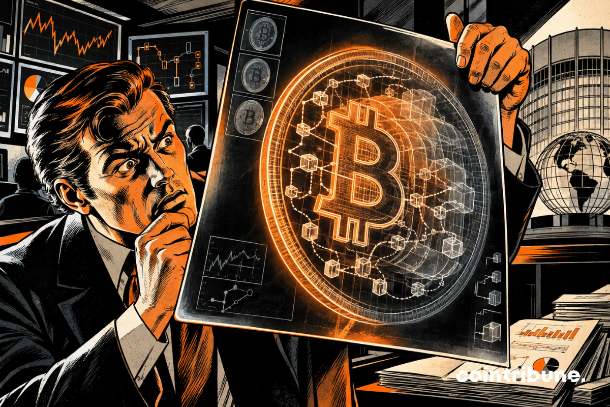 Illustration d’un analyste examinant les métriques onchain de Bitcoin sur un écran affichant des données blockchain.