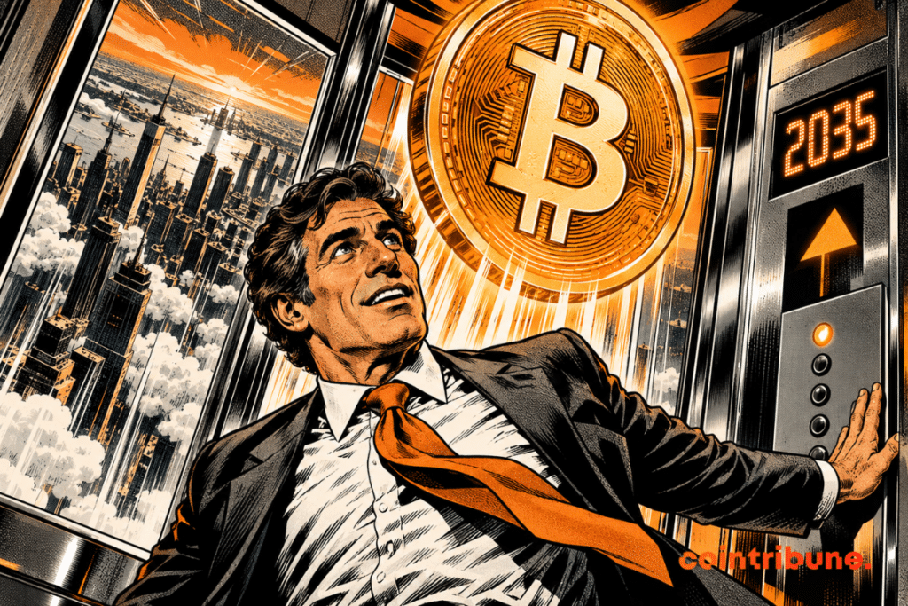 Illustration de Bitcoin projeté vers 2035, avec une hausse symbolisée par un ascenseur et une ville futuriste.