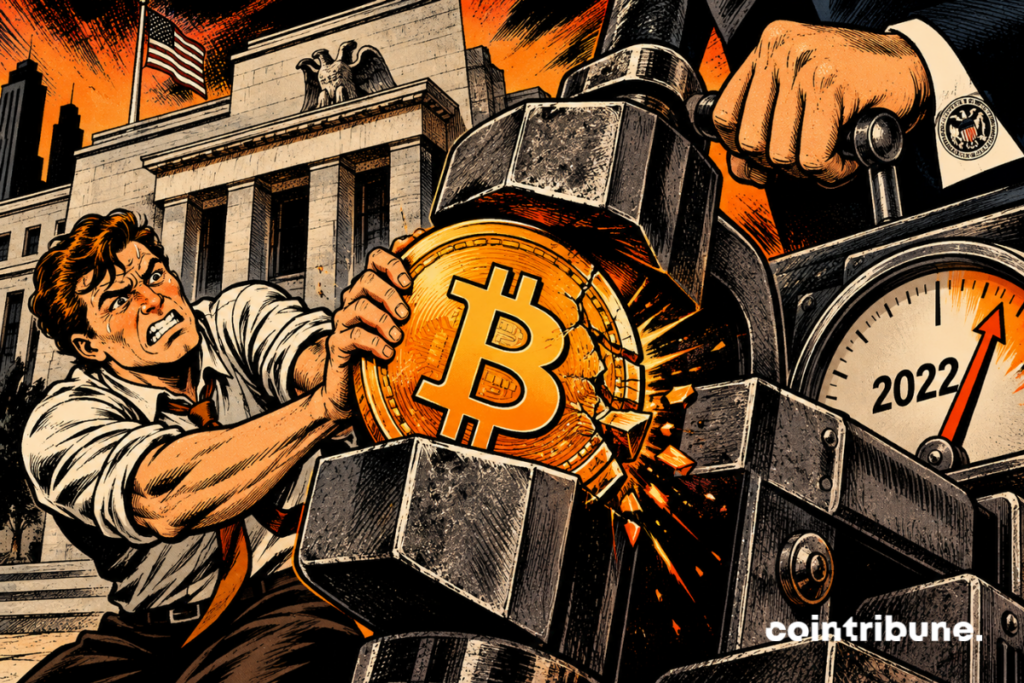 Illustration de Bitcoin sous pression face à la Fed, avec une référence visuelle au cycle de resserrement monétaire de 2022.