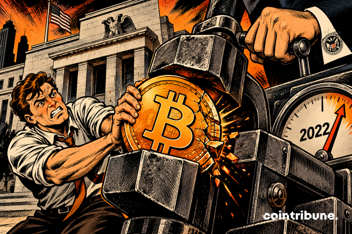 Illustration de Bitcoin sous pression face à la Fed, avec une référence visuelle au cycle de resserrement monétaire de 2022.