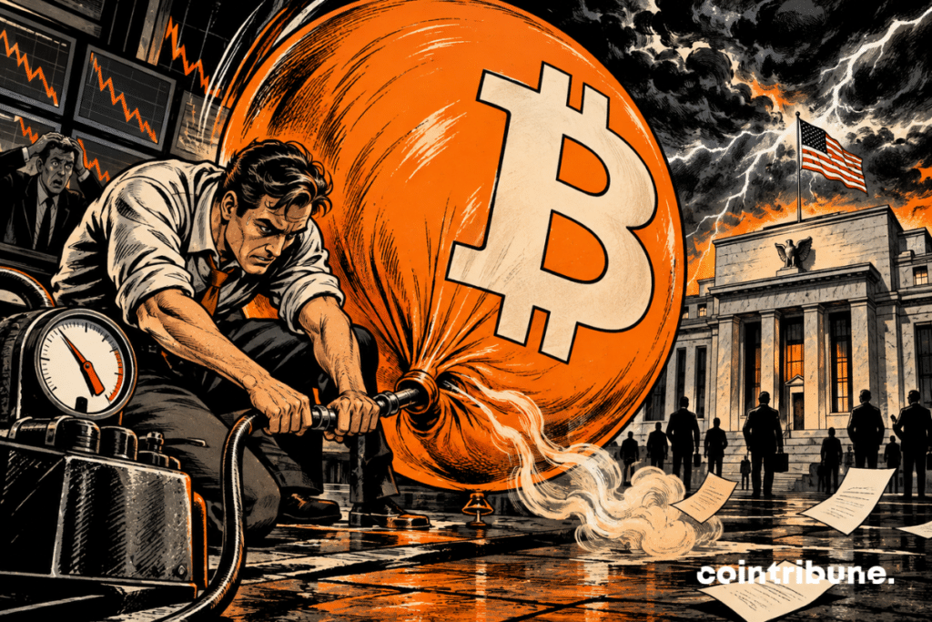 Ilustração do bitcoin sob pressão antes da decisão do Fed, com um trader diante dos mercados financeiros dos Estados Unidos.