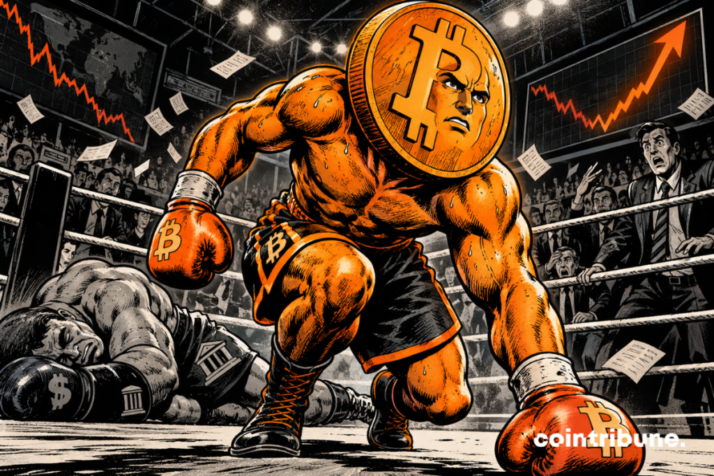 Bitcoin depicted as a boxer dominating the crypto market after a volatile week marked by the Fed, BOJ and CLARITY vote.