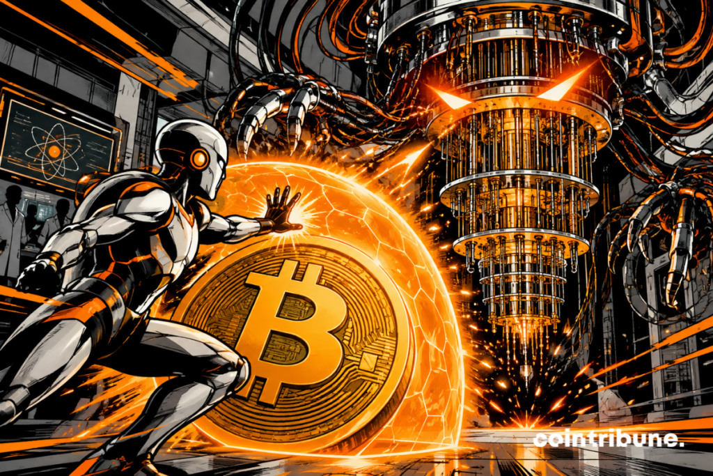 Bitcoin protected against the quantum threat by artificial intelligence in a futuristic laboratory.