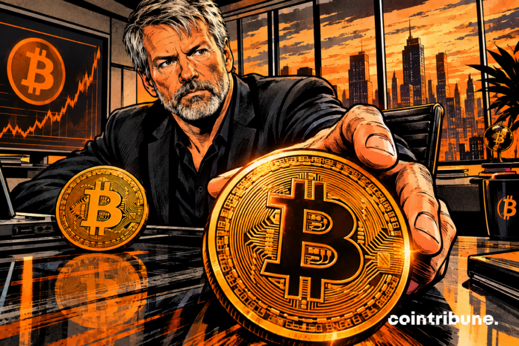 Michael Saylor de Strategy tenant un grand bitcoin devant un graphique orange dans un bureau