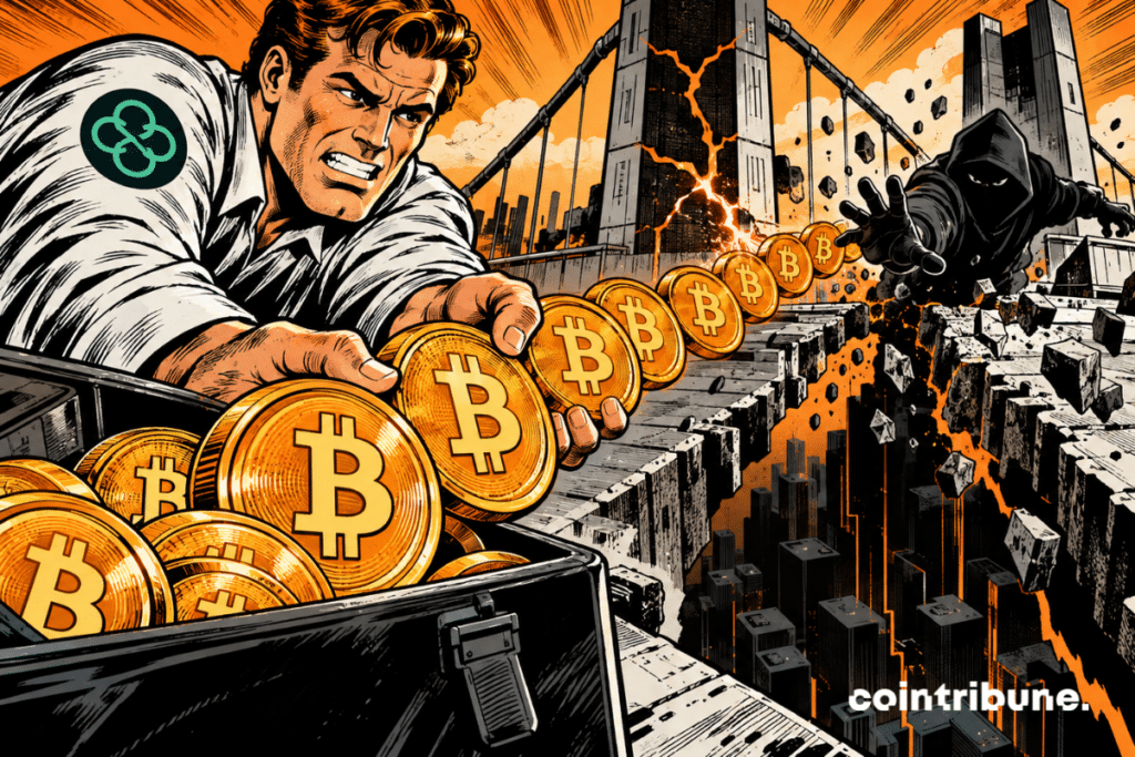Illustration of a Bitcoin bridge hack, with recovered bitcoins facing an attacker amid a collapsing blockchain infrastructure.