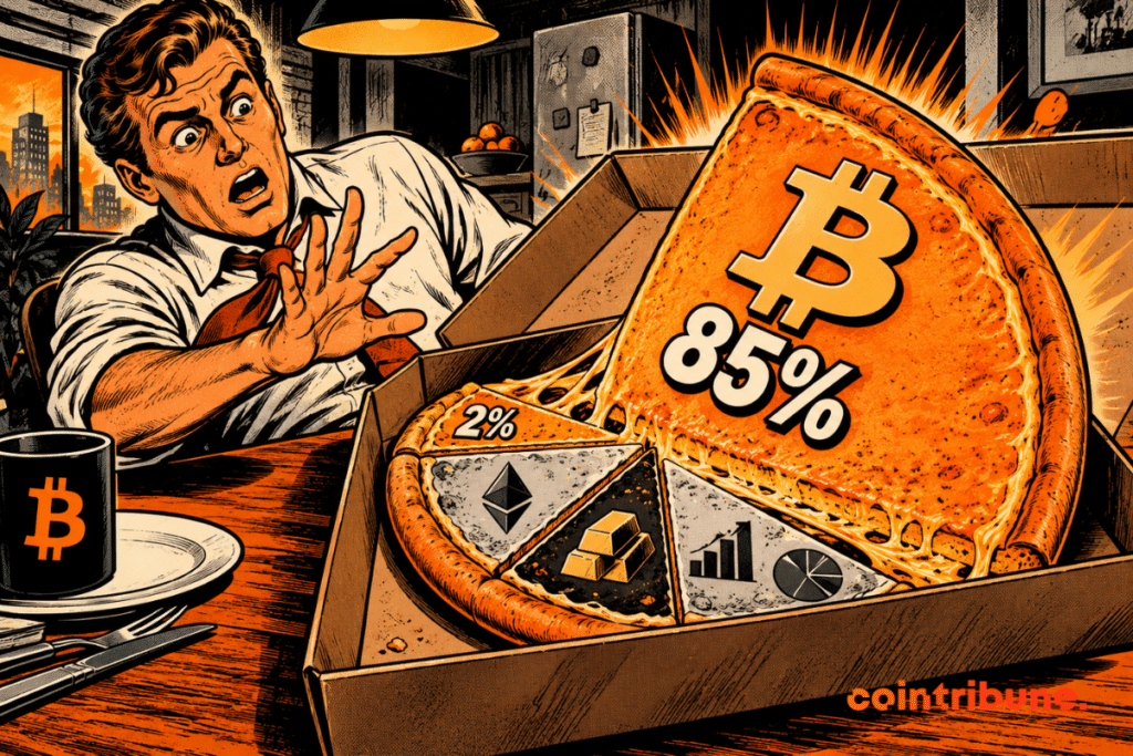 Um investidor cripto observa, perplexo, uma carteira em forma de pizza, na qual o bitcoin ocupa 85%.