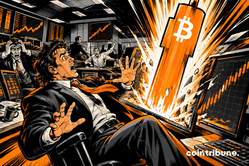Illustration of traders facing a sharp Bitcoin rally driven by short-position liquidations.