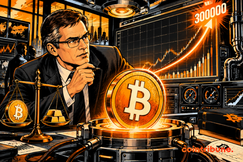 Jurrien Timmer watches a glowing Bitcoin in a financial lab, as an orange curve rises toward 0,000 and a balance compares the leading crypto with gold
