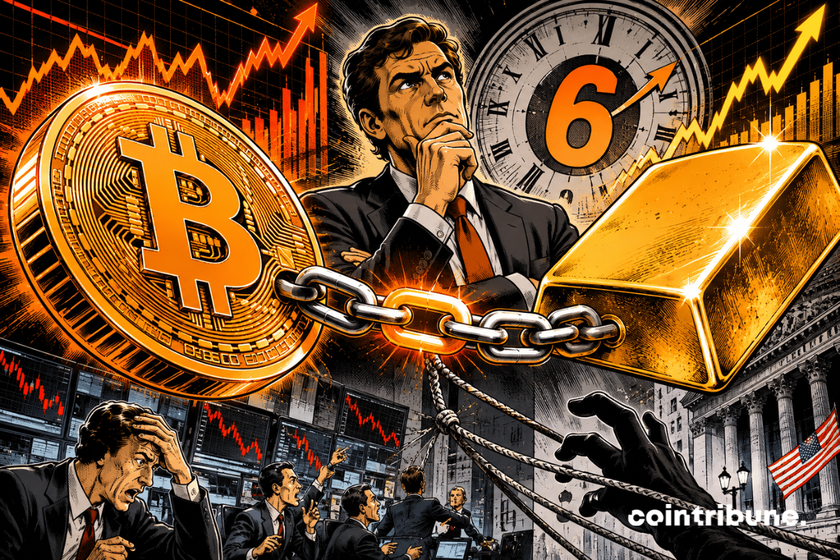 Bitcoin et l’or avancent ensemble, reliés par une chaîne, tandis qu’un analyste s’interroge sur la fragilité du découplage avec les actions.