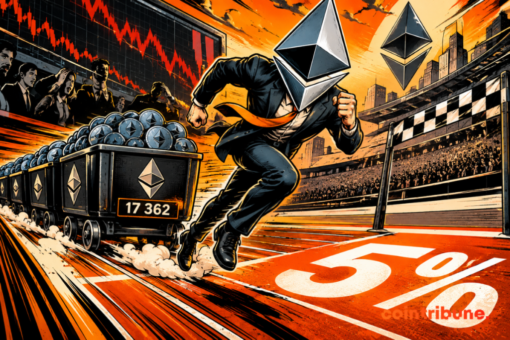 Un coureur représentant Ethereum fonce vers une ligne d’arrivée marquée 5 %, suivi de wagons remplis de pièces ETH, tandis qu’un graphique de marché crypto chute en arrière-plan.