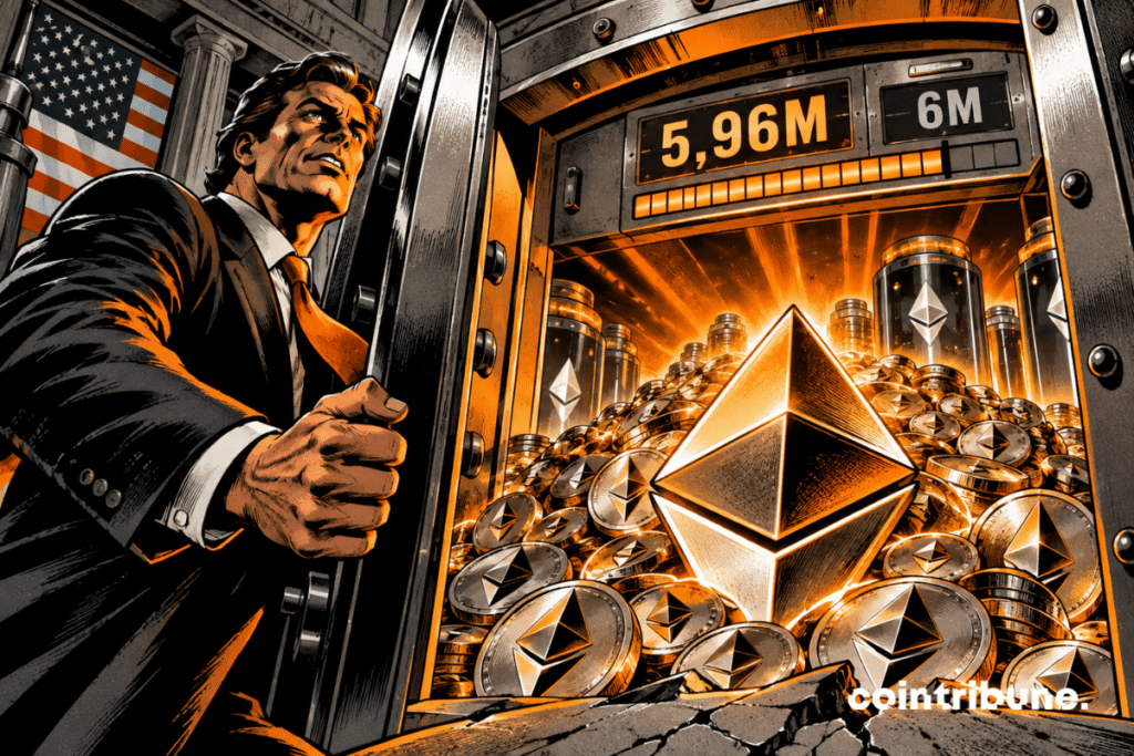 Un dirigeant ouvrant un coffre rempli d’Ethereum, dont les réserves atteignent 5,96 millions d’ETH, proches du seuil des 6 millions