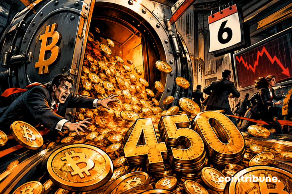 Un Bitcoin ETFs subit une fuite massive de capitaux, symbolisée par un coffre éventré déversant 450 millions dans une atmosphère paniquée.