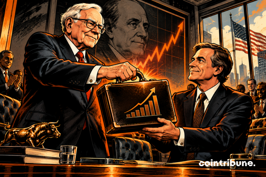 Warren Buffett symbolically hands a financial briefcase to his son Howard, representing the succession and enduring legacy of Berkshire Hathaway.