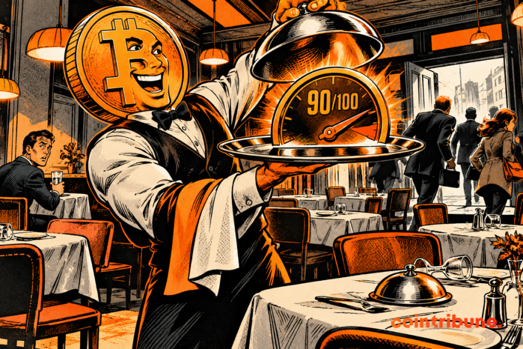 Illustration d'un serveur à tête de bitcoin dans un restaurant sans clients fuyant le Bull Score bitcoin
